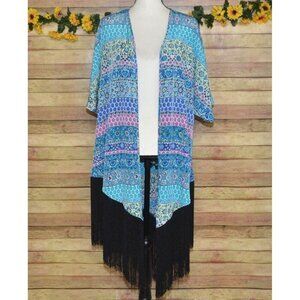 Liberty Love Blue Floral Cardigan Kimono Jacket Size L Long Fringe Festival Boho